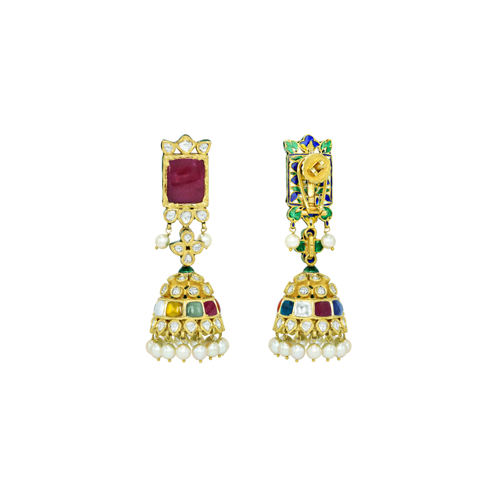 Navratan Jhumki Earrings with Polki and Pearl Drops